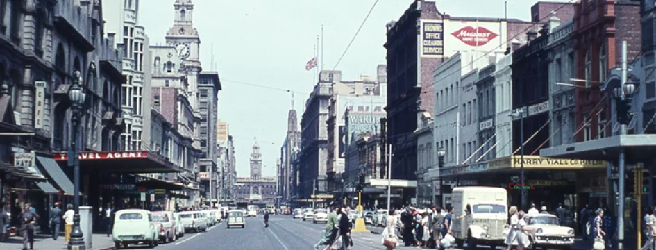 historical image of elizabeth street looking towards flinders street station in in melbourne victoria